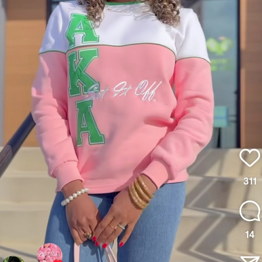 Pink and White Sweatshirt with Green Lettering